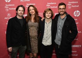 Josh Hamilton, Robin Weigert, Logan Miller, and Matt Sobel at an event for Take Me to the River (2015)