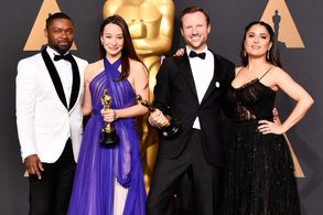 Salma Hayek, David Oyelowo, Joanna Natasegara, and Orlando von Einsiedel at an event for The Oscars (2017)
