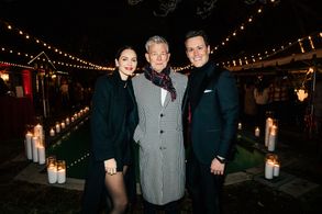Katherine McPhee Foster, David Foster, and Matthew Hoffman arrive at a benefit for Iama Theater