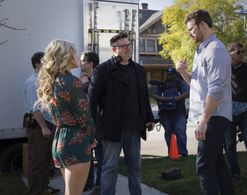 Director Barry Battles with Derek Theler and Krista Kalmus on the set of BROTHERLY LOVE (2017)