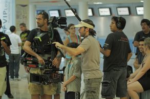 Getting ready for the steady cam shot on the set of the movie SUNDOWN.