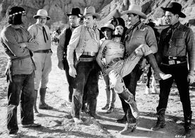 Yakima Canutt, Ray Corrigan, Robert Livingston, Mary Russell, Max Terhune, John Van Pelt, and Roger Williams in Riders o