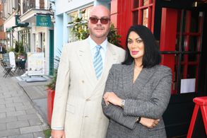 Jonathan Sothcott and Jeanine Nerissa Sothcott leaving Boisdale Belgravia May 2024