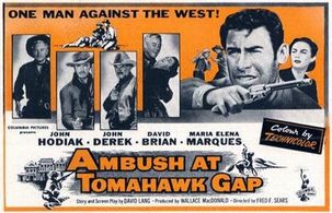 John Derek, David Brian, John Hodiak, María Elena Marqués, and Ray Teal in Ambush at Tomahawk Gap (1953)