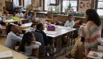 Bodhi Dell with Quinta Brunson on the set of Abbott Elementary