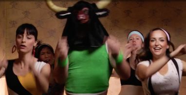 Lindsay Ames, Milana Vayntrub, Luke Sholl, Stephanie Jackson, and Susan Kawashima in CollegeHumor Originals: Minotaur vs