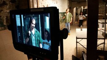 Sean Leser and Sarah Vasquez on set of 