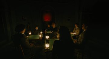 Michelle Yeoh, Jude Hill, Camille Cottin, Jamie Dornan, Kyle Allen, and Maxime S. Girard in A Haunting in Venice (2023)