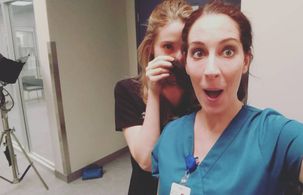 Amanda Marcheschi (Nurse Dina Garston) and Norma Kuhling (Dr. Ava Bekker) on set of Chicago Med.