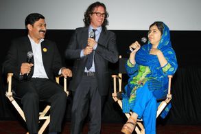 Davis Guggenheim, Malala Yousafzai, and Ziauddin Yousafzai at an event for He Named Me Malala (2015)