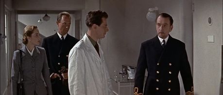 Michael Brill, Robert Flemyng, Josephine Griffin, and Clifton Webb in The Man Who Never Was (1956)