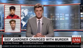 Sean Allan Krill as UNN host Sydney Muscat with Alia Shawkat and John Reynolds in Search Party - 