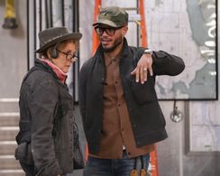 Pete Chatmon on the set of Station 19 with cinematographer Nancy Schreiber