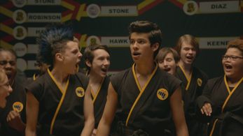 Jacob Bertrand, Xolo Maridueña, Owen Morgan, and Nichole Brown in Cobra Kai (2018)