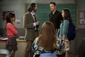 Joel McHale, Martin Starr, Alison Brie, Danielle Kaplowitz, and Irene Choi in Community (2009)