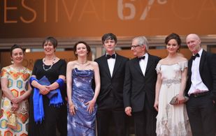 Paul Laverty, Ken Loach, Rebecca O'Brien, Barry Ward, Simone Kirby, and Aisling Franciosi at an event for Jimmy's Hall (