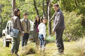 Shelley Conn, Jason O'Mara, Landon Liboiron, Naomi Scott, and Alana Mansour in Terra Nova (2011)