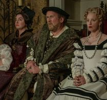 Rebecca Gethings as Queen Eleanor, with Colm Meany and Ludivine Sagnier in The Serpent Queen