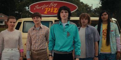 Millie Bobby Brown, Finn Wolfhard, Jonathan Byers, Charlie Heaton, Noah Schnapp, and Eduardo Franco in Stranger Things: 
