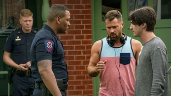 Brett Varvel directing actor Caleb Milby during a scene for Treasure Lies