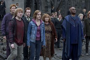 Rupert Grint, George Harris, Chris Rankin, Julie Walters, Emma Watson, Oliver Phelps, Clémence Poésy, and Domhnall Glees