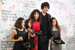 Lika Babluani, Nana Ekvtimishvili, Simon Gross and Mariam Bokeria, at the Sarajevo Film Festival, receiving The Heart of