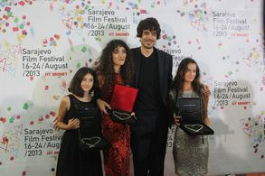 Lika Babluani, Nana Ekvtimishvili, Simon Gross and Mariam Bokeria at the Sarajevo Film Festival, receiving The Heart of 