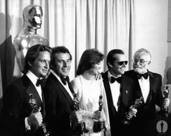 Best Picture winners Michael Douglas and Saul Zaentz flank Best Director Milos Foreman, Best Actress Louise Fletcher and