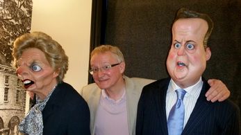 Steve Nallon with two SPITTING IMAGE puppets he voiced.