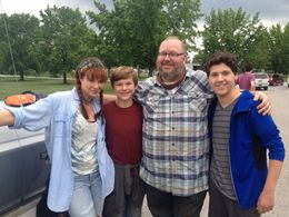 Lauren Holly, Lucas Carroll, Bill Chott, and Zach Louis on the set of the film 'Marshall the Miracle Dog'.