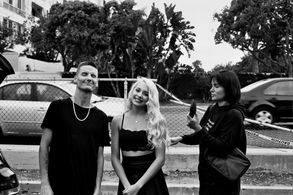 Cal Barnes with Bella Claire Martinez and Asia Park on set of 'The Astrid Experience'