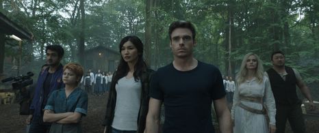 Angelina Jolie, Richard Madden, Gemma Chan, Ma Dong-seok, Kumail Nanjiani, and Lia McHugh in Eternals (2021)