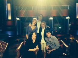 On the set of Shark Tank with Director Benjamin Pollack, show regular Barbara Corcoran and Mark Cuban, agent Kelly Polla