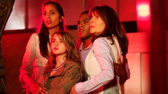 Still from The Sarah Jane Adventures, with Elisabeth Sladen, Daniel Anthony, Anjili Mohindra and Sinead Michael