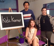 Ashleigh Morrison on the set of her mini-series Kidz Korner with Producer Julia Suppa and Camera Operator Jeff from Roge