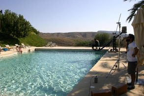 Javier Cidoncha, Luna Montignier, Jose Martín Rosete and Manual Calvo in between scenes during the filming of Voice Over