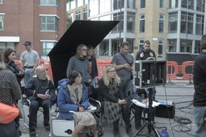 On set of Their Finest (2016) with Lone Scherfig and Gemma Arterton.