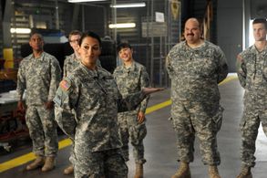 Randy Parker, Tania Gunadi, Mort Burke, Angelique Cabral, Parker Young, and Maronzio Vance in Enlisted (2014)