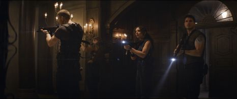 Chad Rook, Robbie Amell, Tom Hopper, and Hannah John-Kamen in Resident Evil: Welcome to Raccoon City (2021)