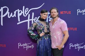 Sofia Carson and Scott Deckert at the premiere of Netflix's Purple Hearts