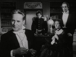 Gunnar Björnstrand, Gertrud Fridh, Erland Josephson, and Toivo Pawlo in The Magician (1958)
