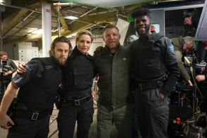 Alessandro Babalola, Guy Ritchie and Niamh Algar on the set of 'Cash Truck'. (2020)