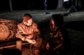 Director Kd Amond with actor Sam Brooks on set of The Unraveling