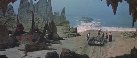 James Mason, Pat Boone, Arlene Dahl, Thayer David, Peter Ronson, and Gertrude the Duck in Journey to the Center of the E