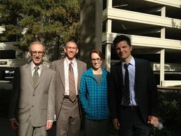 Bob Bancroft, Joseph Buttler, Stacy Allen, and Adam Scott on the set of 