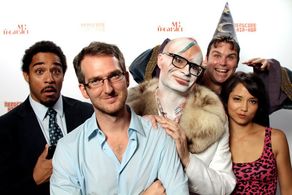 with Jacques Shy, John C. Bradbury, MC Frontalot, and Justin Harrison on the set of MC Frontalot's 