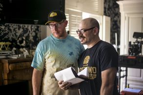 Jason and his cinematographer, Pascal Combes-Knoke working out a scene on the set of Uh Oh