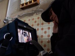 Cristina on set of 3 Americas, 2006.