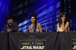 Rosario Dawson, Dave Filoni, and Natasha Liu Bordizzo at an event for Ahsoka (2023)