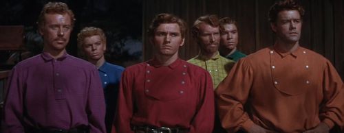 Jacques d'Amboise, Matt Mattox, Marc Platt, Tommy Rall, Jeff Richards, and Russ Tamblyn in Seven Brides for Seven Brothe